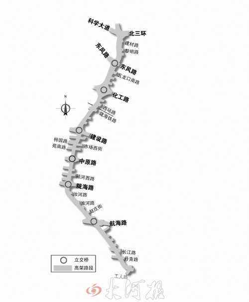 截至目前，僅剩西三環(huán)跨長(zhǎng)江路、丹青路高架橋金水河處一座箱梁尚未澆筑。