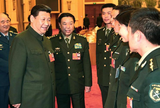 中共中央總書記、中共中央軍委主席習(xí)近平出席十二屆全國(guó)人大一次會(huì)議解放軍代表團(tuán)全體會(huì)議并發(fā)表重要講話。