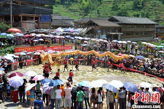 圖為當(dāng)?shù)丶t瑤民眾舞起長龍祈求風(fēng)調(diào)雨順。中新社發(fā) 韋吉陽 攝