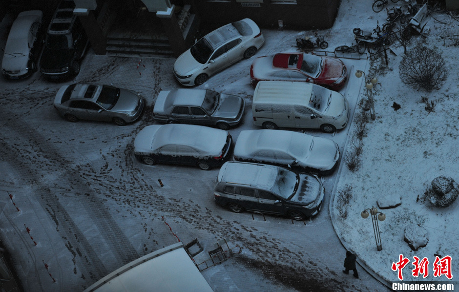 11月18日，沈陽街頭車輛被積雪覆蓋。