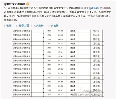網(wǎng)友“財(cái)經(jīng)女記者部落”微博稱，“房姐”多處房產(chǎn)購(gòu)自潘石屹的SOHO中國(guó)。網(wǎng)絡(luò)截圖