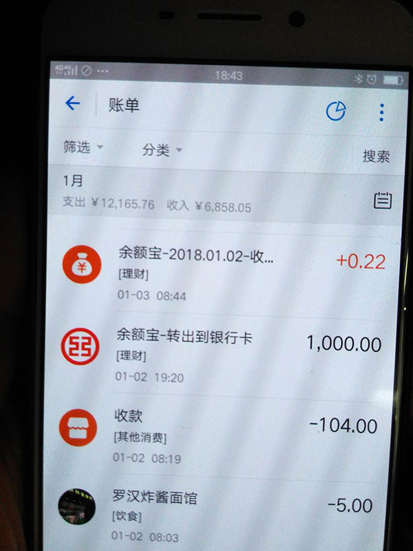 羅正宇2018年1月的支付寶賬單。