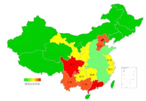 端午期間省域擁堵情況。來源：交通部聯(lián)合其他機構(gòu)發(fā)布的《2018年端午全國公路網(wǎng)出行預測報告》。