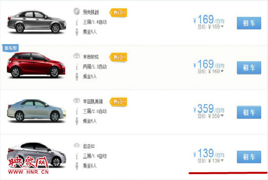 平時(shí)部分汽車租車價(jià)格。