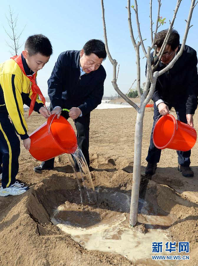 這是習近平同大家一起給剛栽下的樹苗澆水。
