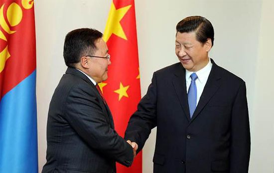去年9月12日，國(guó)家主席習(xí)近平在比什凱克會(huì)見蒙古國(guó)總統(tǒng)額勒貝格道爾吉。 新華社記者謝環(huán)馳攝