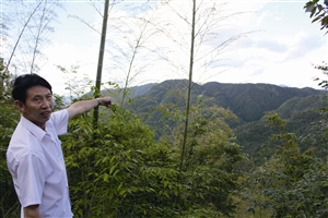 村民吳學(xué)田告訴記者，對(duì)面兩座山就是潘建友承包的部分山場(chǎng) 見習(xí)記者 邱一文 攝
