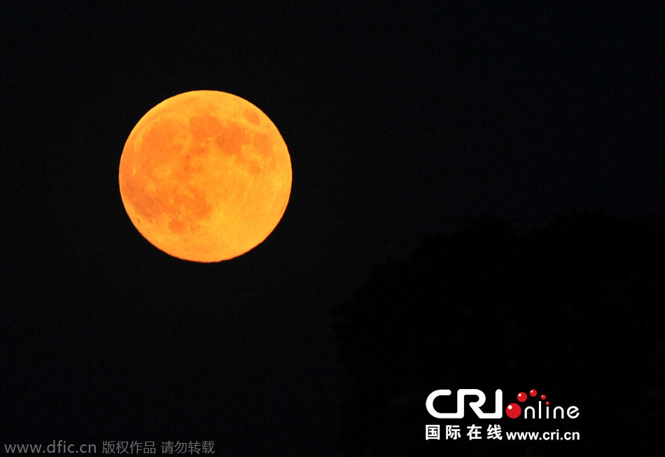 8月10日晚，一輪金燦燦的大月亮在遼寧省大連市東方升起。圖片來源：劉德斌/東方IC