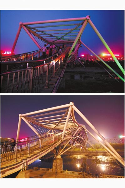 花園路西側(cè)東風(fēng)渠景觀橋，上圖攝于7月31日晚間，下圖攝于10月9日晚間。