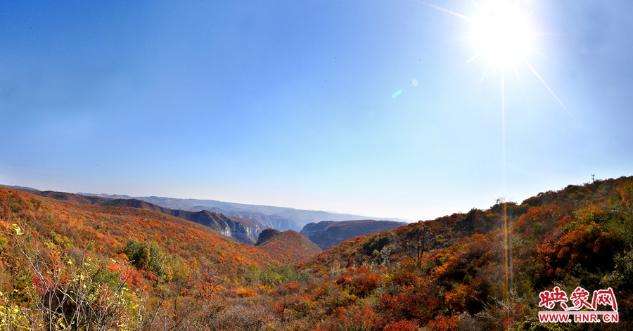 山頂遠(yuǎn)眺，紅葉已經(jīng)綻放出絢麗的色彩