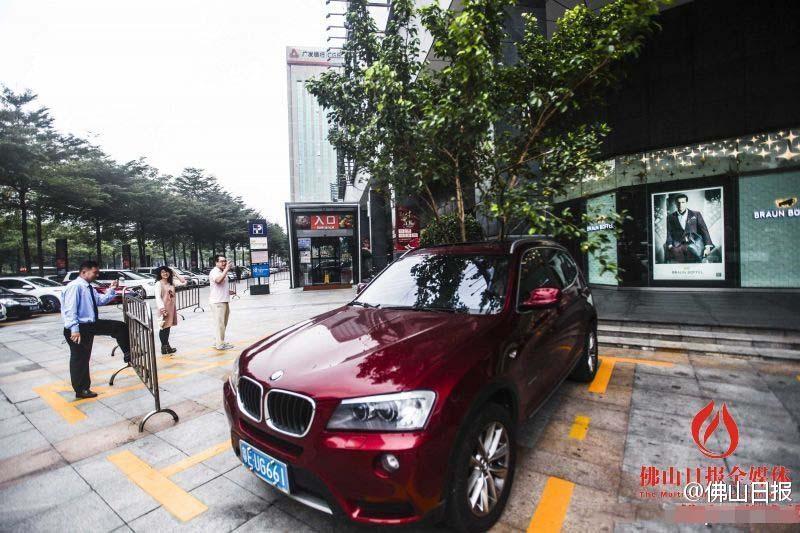 一輛停在停車位上的寶馬轎車，被墜落的樹枝砸中，樹枝徑直插入車內，現場引發(fā)不少市民圍觀拍照。
