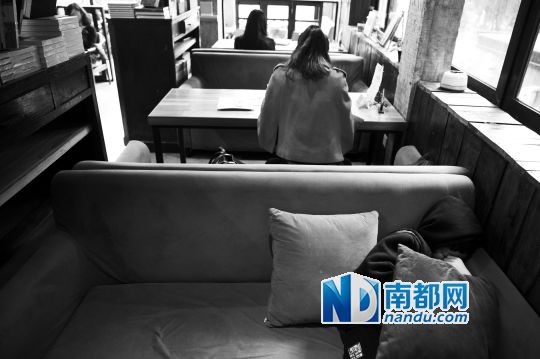 12月12日上午，不打烊書店里，12歲的楊東吃完午飯后抱著抱枕蜷在沙發(fā)里睡覺。
