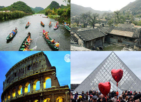 被電視真人秀帶火的旅游景點(diǎn)。左上:云南普者黑;右上:北京靈水村;左下:意大利羅馬;右下:法國巴黎。